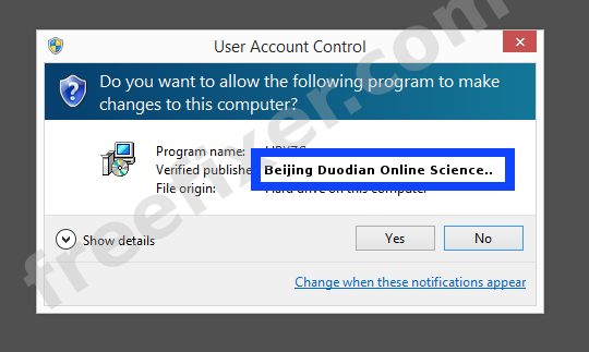 Screenshot where Beijing Duodian Online Science and Technology Co.,Ltd appears as the verified publisher in the UAC dialog